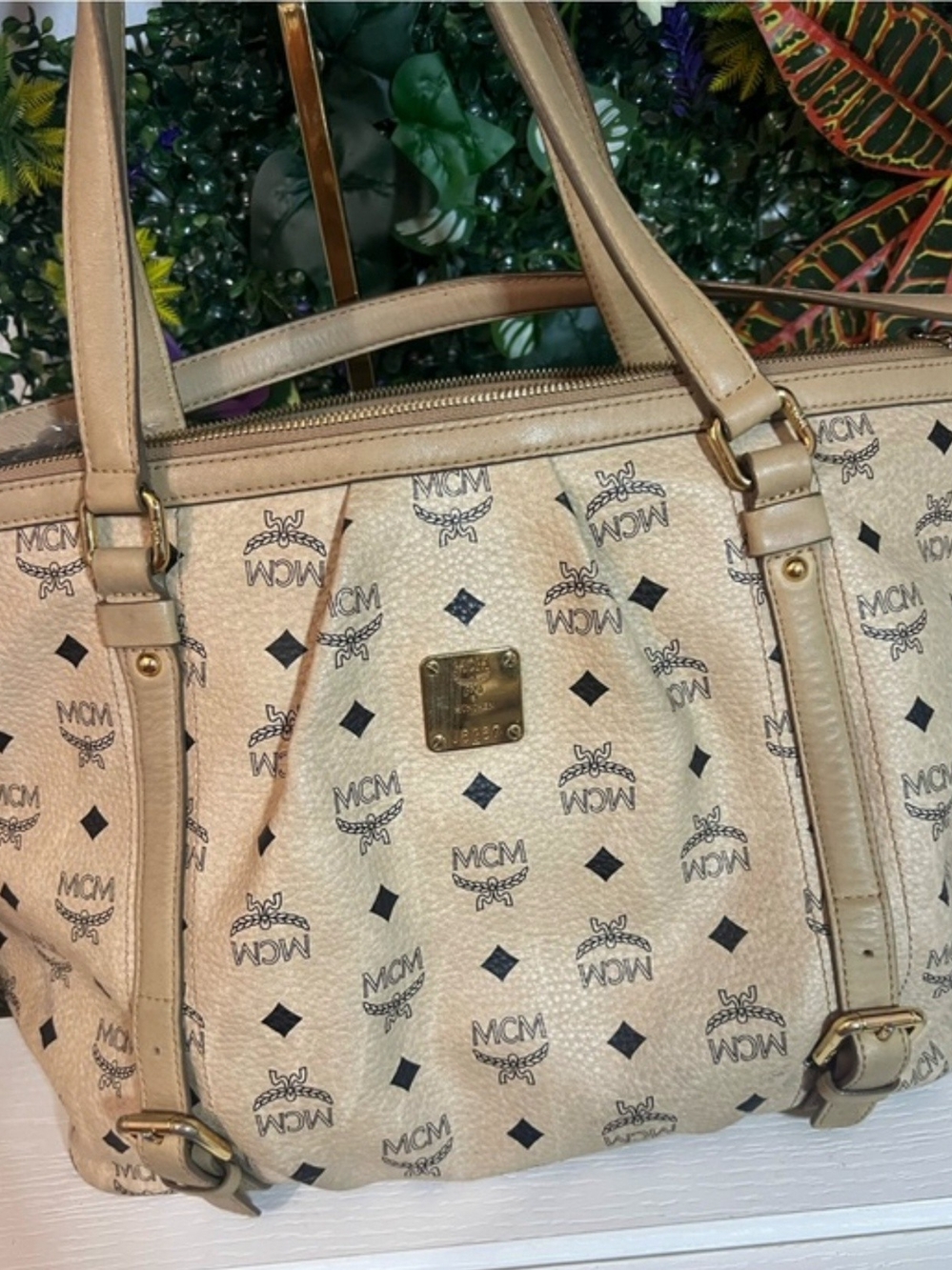 MCM Beige Logo Tote Bag - Designer Women's Handbag